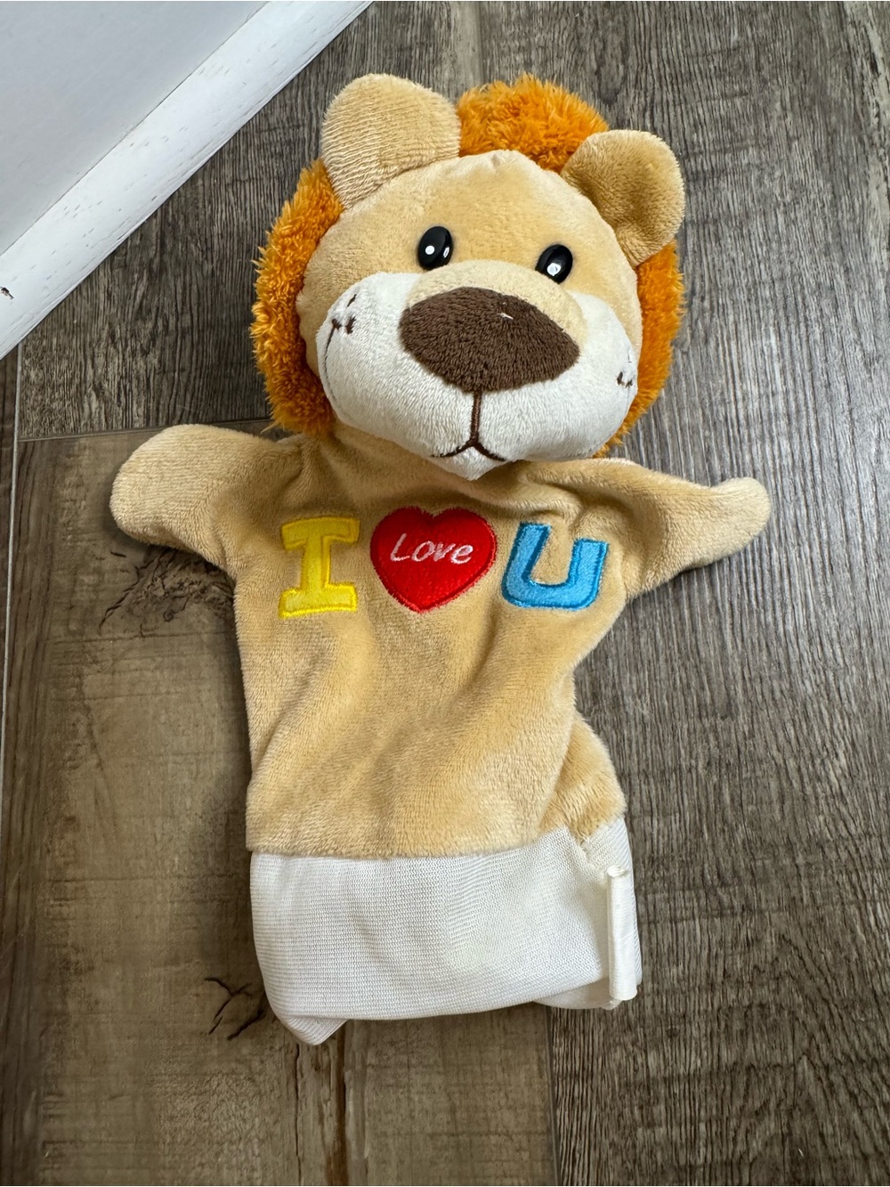 Plush Lion Hand Puppet - Tan and Orange, I Love U Embroidered
